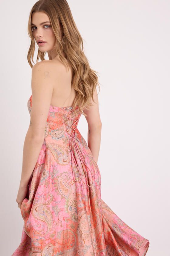 Lexis Pink Multi Boho Print Lace-Up Midi Dress