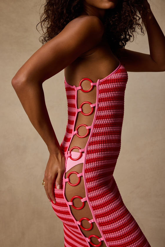 Murica Pink and Red Striped Cutout Midi Swim Cover-Up