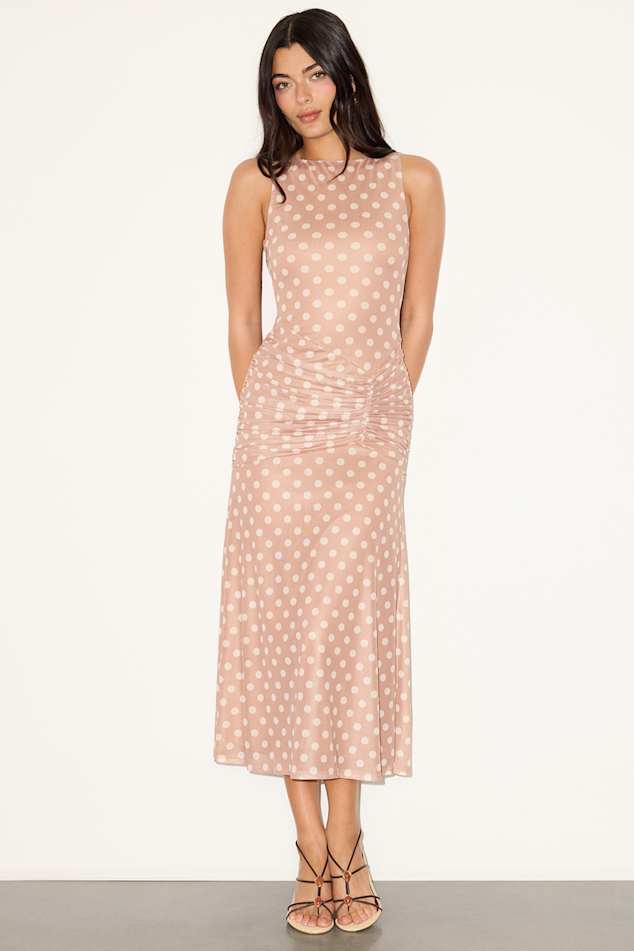 Loren Beige Polka Dot Mesh Ruched Midi Dress