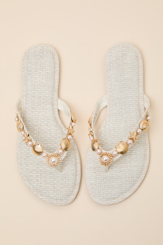 Danie Beige Seashell Pearl Thong Sandals