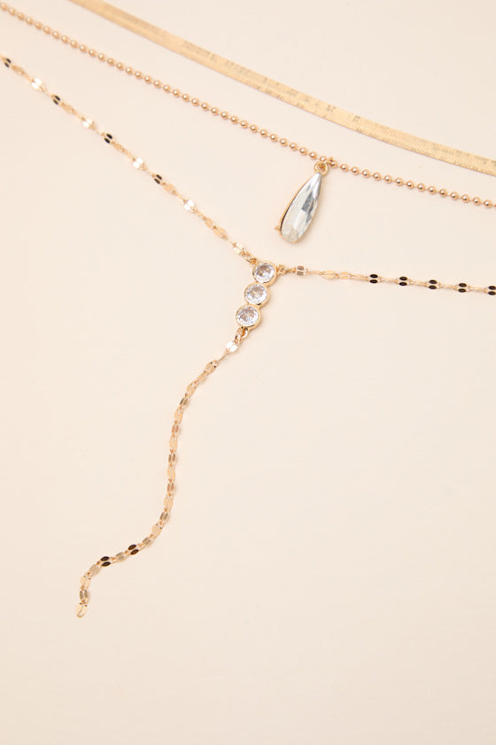 Malana Gold Rhinestone Layered Lariat Necklace