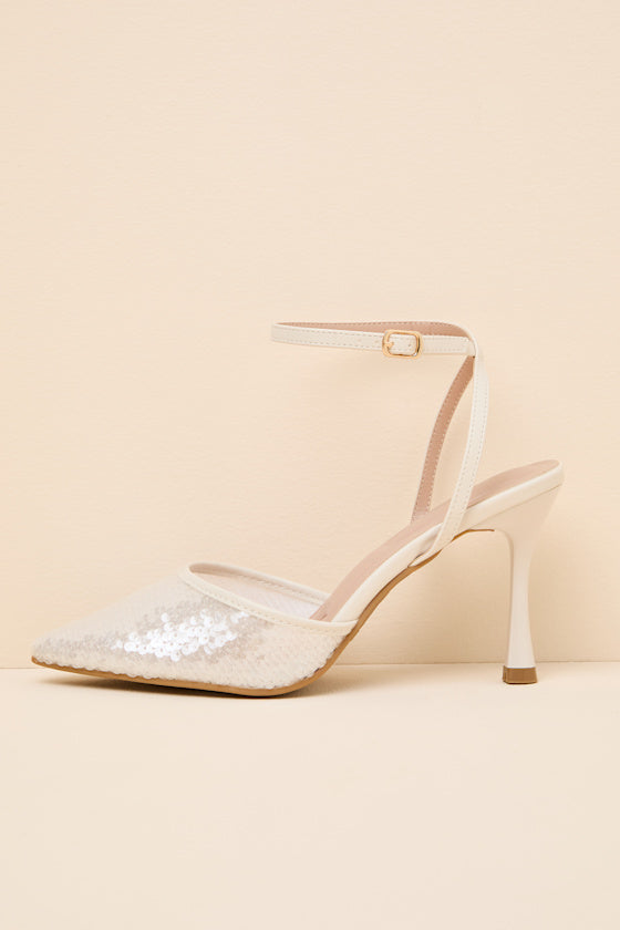 Latasha Ivory Sequin Pointed-Toe Ankle Strap Pumps
