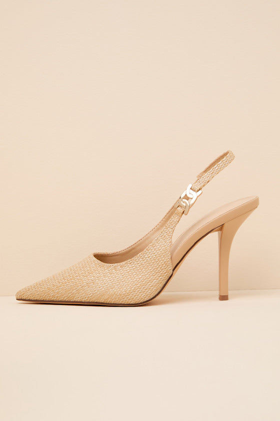Coetta Beige Raffia Pointed-Toe Slingback Pumps