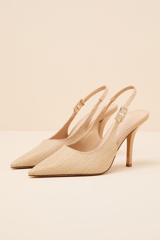 Coetta Beige Raffia Pointed-Toe Slingback Pumps