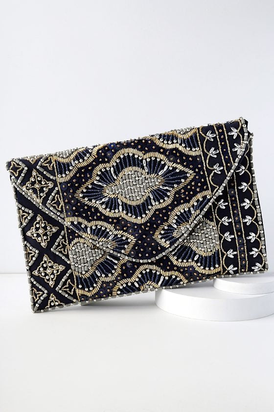 Etched in Stone Cream Beaded Clutch