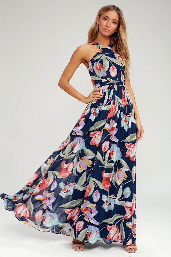 Lilja Navy Blue Floral Print Maxi Dress