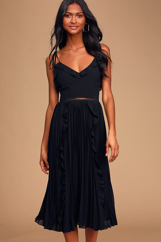Never a Dull Moment Bright Red Tie-Strap Pleated Midi Dress