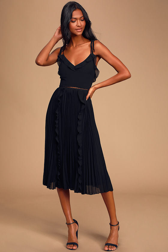 Never a Dull Moment Bright Red Tie-Strap Pleated Midi Dress