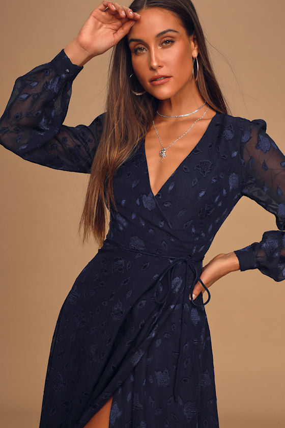 Evening of Elegance Black Floral Jacquard Wrap Midi Dress