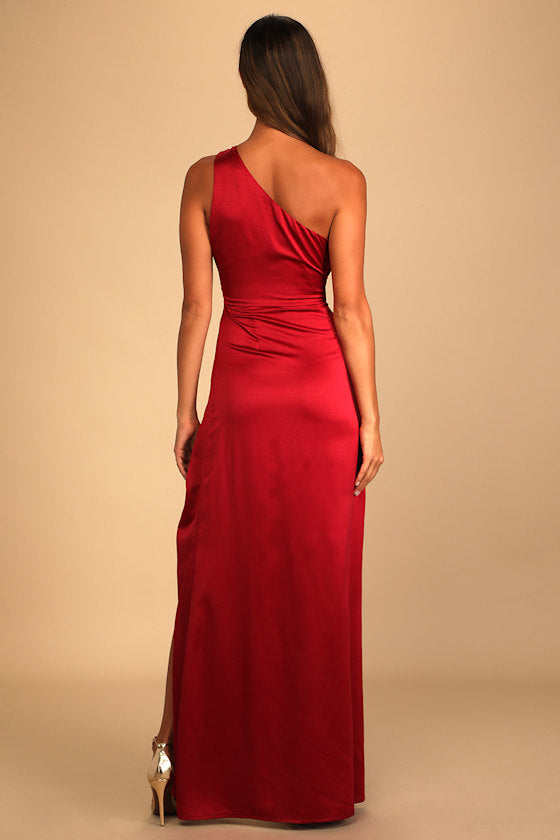 Dreaming of Elegance Emerald Satin One-Shoulder Maxi Dress