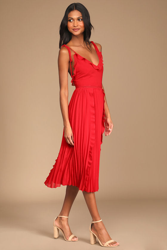 Never a Dull Moment White Tie-Strap Pleated Midi Dress