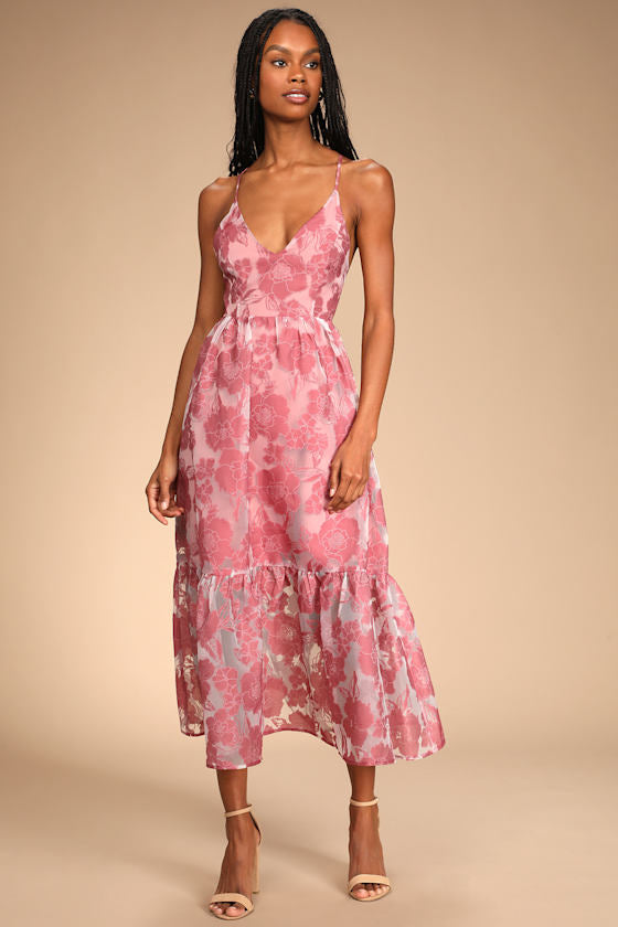 Feeling Like Forever Plum Jacquard Organza Lace-Up Midi Dress