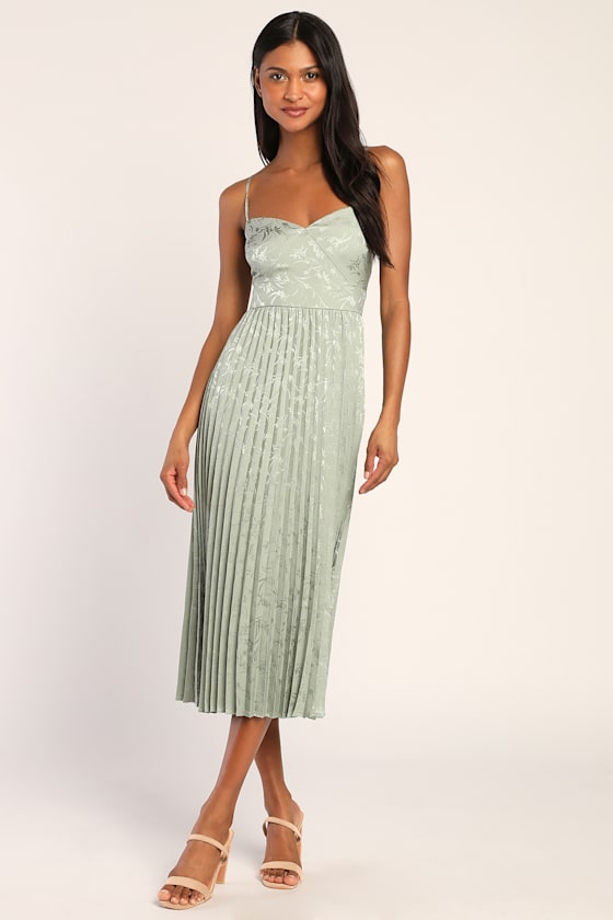 Regal Romance Emerald Floral Jacquard Pleated Satin Midi Dress