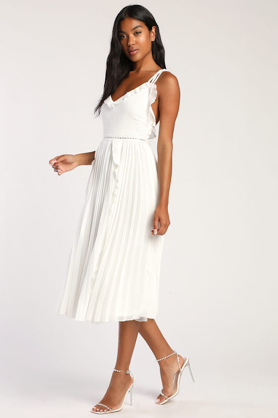 Never a Dull Moment Black Tie-Strap Pleated Midi Dress