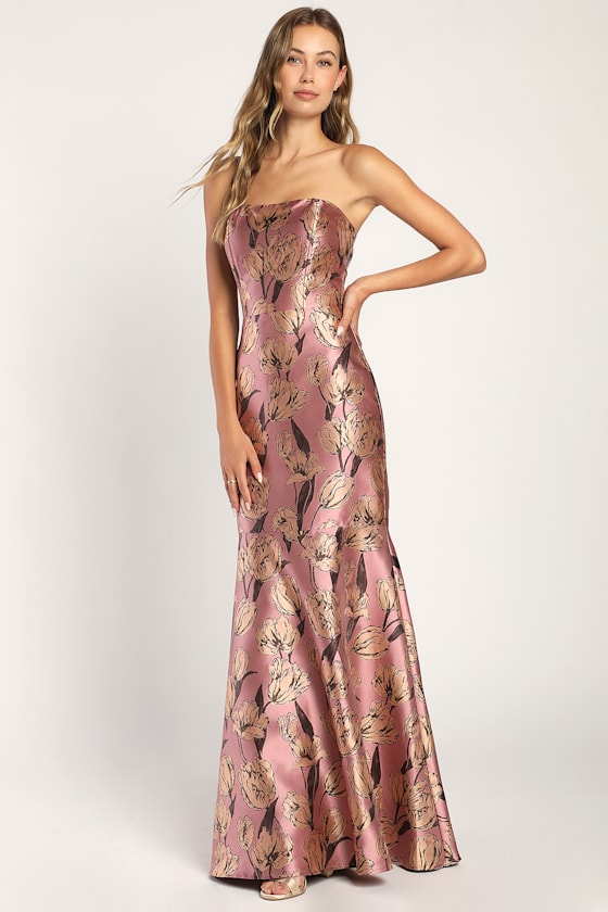 Gowning Around Slate Blue Floral Jacquard Strapless Maxi Dress