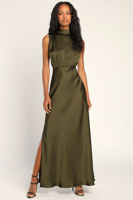 Classic Elegance Blush Satin Sleeveless Mock Neck Maxi Dress