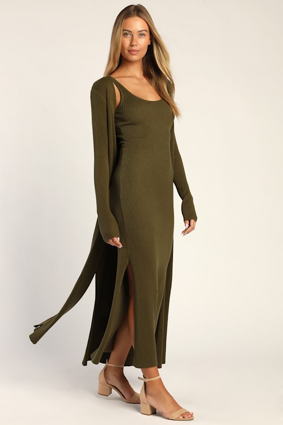 Layer Lover Beige Ribbed Knit Two-Piece Dress & Cardigan Set