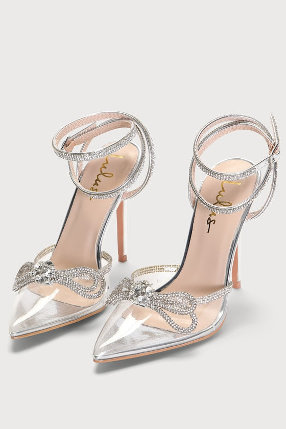 Lullie White Satin Rhinestone Ankle Strap Pointed-Toe Pumps