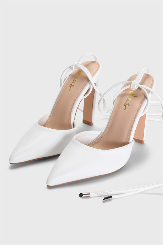 Munie White Pointed-Toe Lace-Up High Heel Pumps