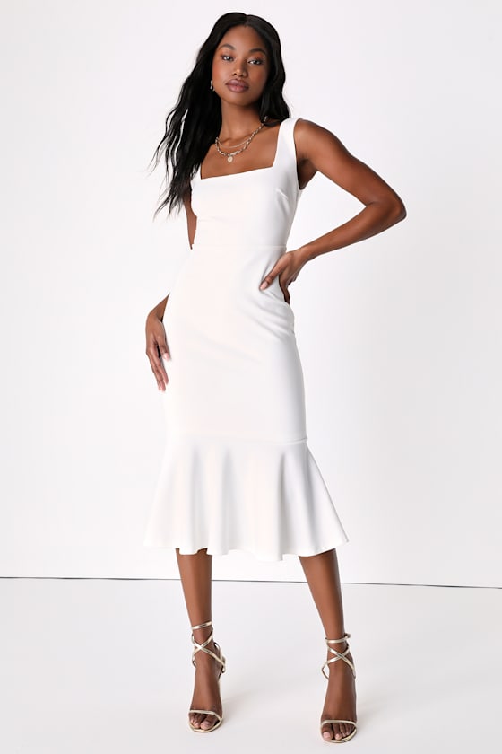 Moment Maker Cobalt Blue Square Neck Trumpet Midi Dress