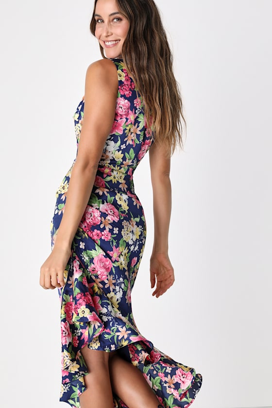 Divinely Blooming Pink Multi Floral One-Shoulder Midi Dress