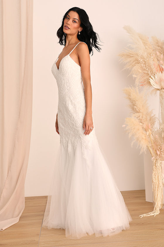 Dream Romance White Beaded Tulle Trumpet Maxi Dress