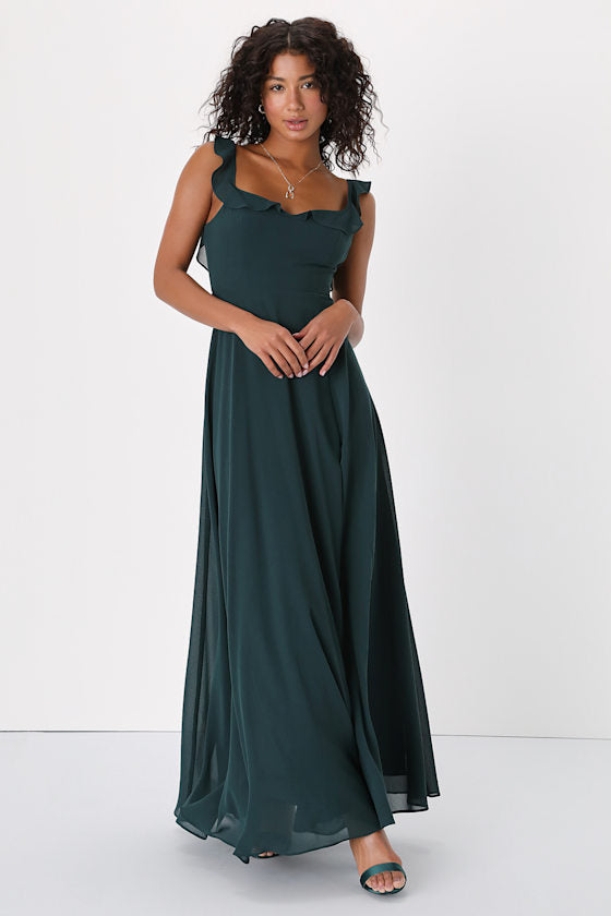 Dreamy Admiration Emerald Green Ruffled Maxi Dress