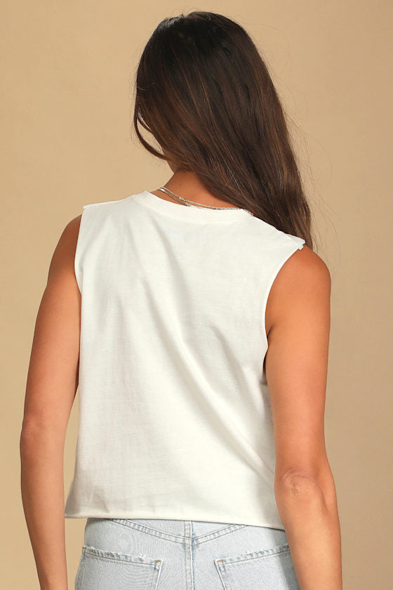 Cassette Washed Black Cropped Graphic Muscle Tank Top