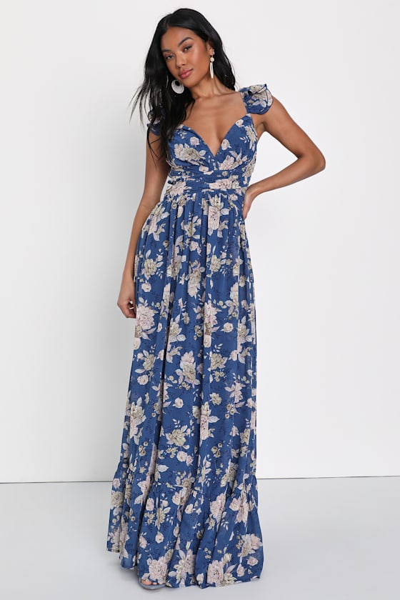 Soiree Celebration Navy Blue Ruffled Lace-Up Maxi Dress
