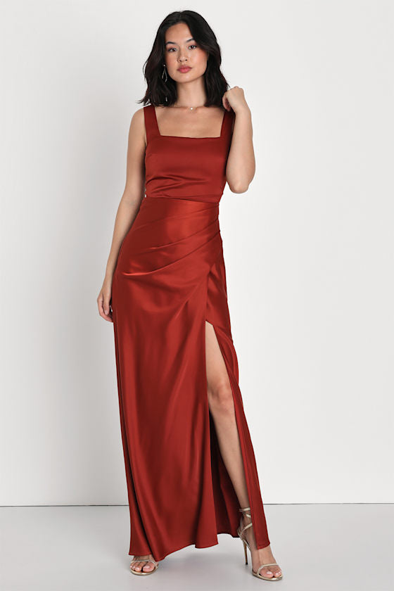 Red Carpet Romance Light Blue Satin Square Neck Maxi Dress