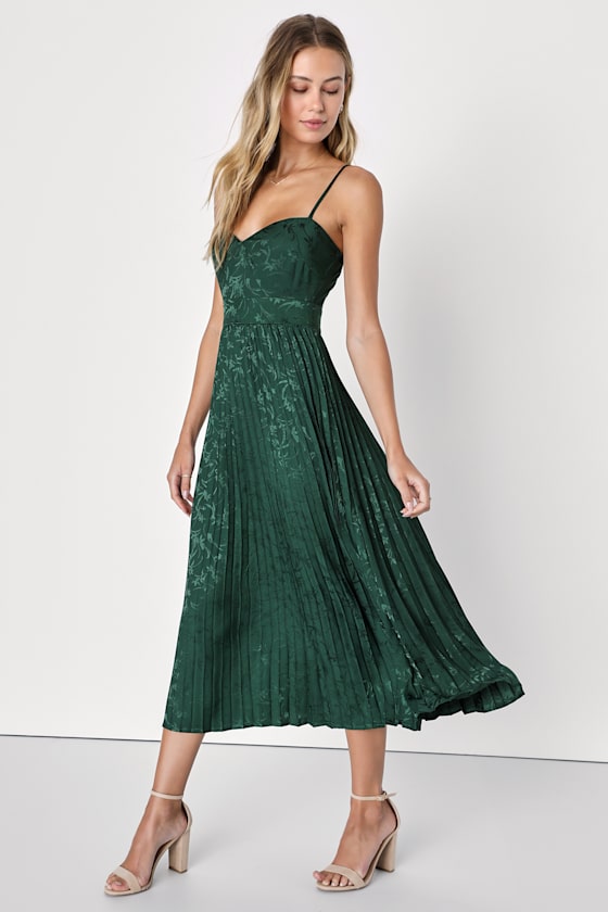 Regal Romance Sage Floral Jacquard Pleated Satin Midi Dress