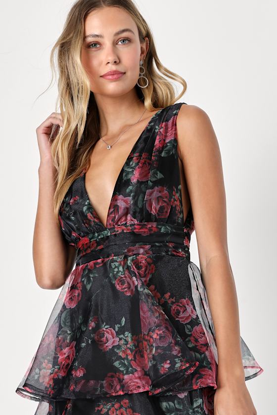 Garden Radiance Pink Floral Print Organza Tiered Maxi Dress