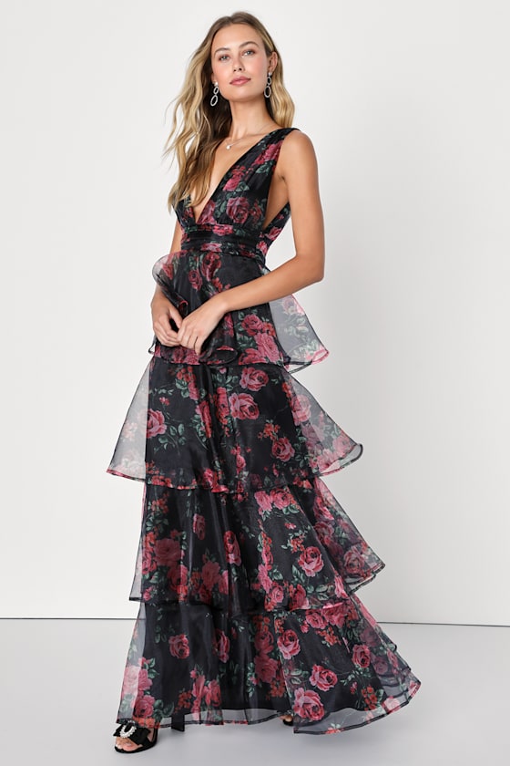 Garden Radiance Pink Floral Print Organza Tiered Maxi Dress