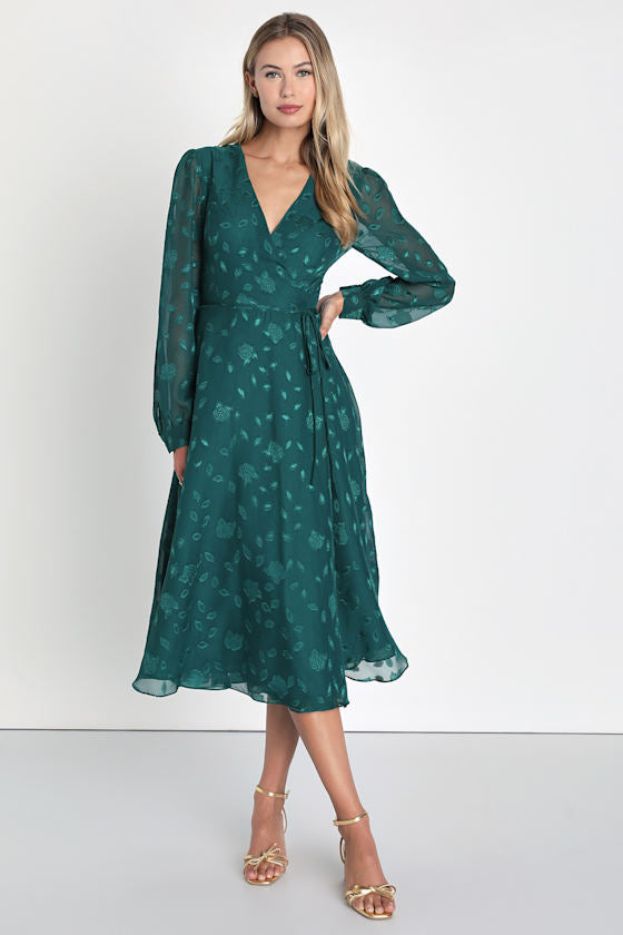 Evening of Elegance Navy Blue Floral Jacquard Wrap Midi Dress