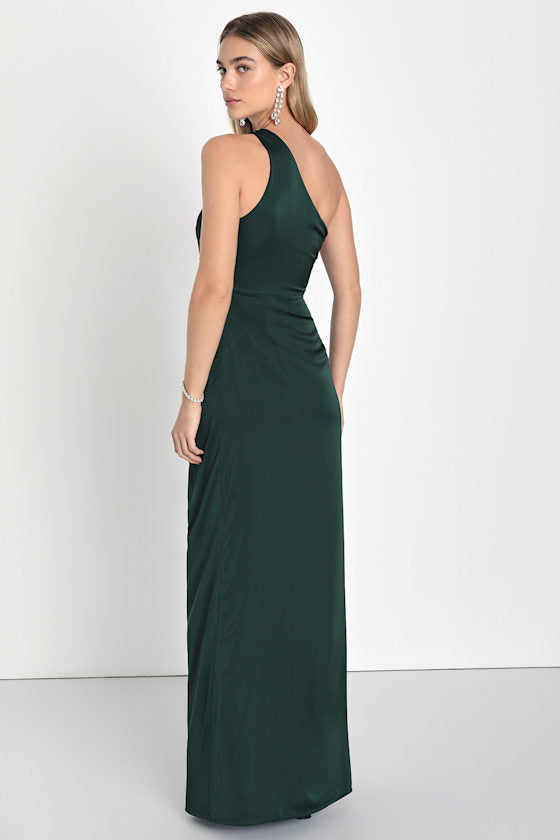 Dreaming of Elegance Black Satin One-Shoulder Maxi Dress