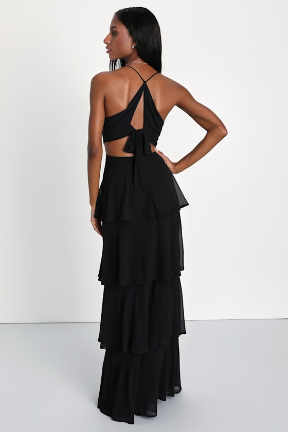Tier and Now Blue Tie-Back Tiered Maxi Dress