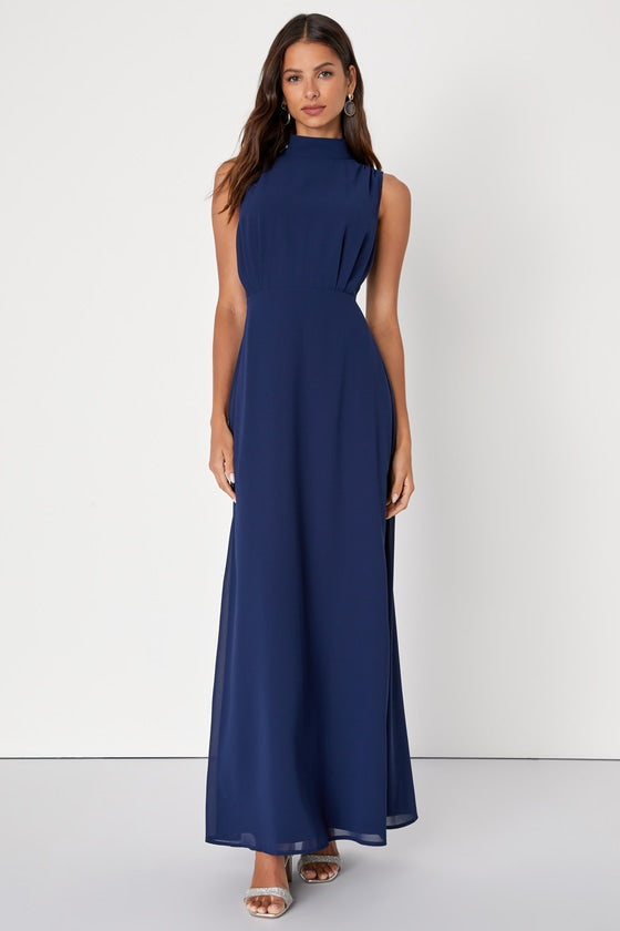Classic Elegance Emerald Chiffon Sleeveless Mock Neck Maxi Dress