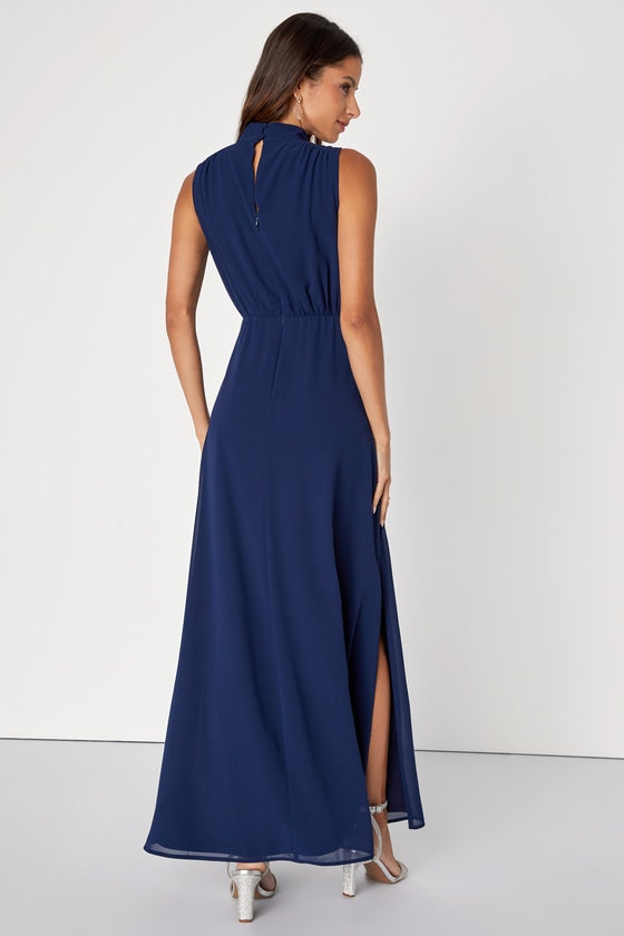 Classic Elegance Black Chiffon Sleeveless Mock Neck Maxi Dress