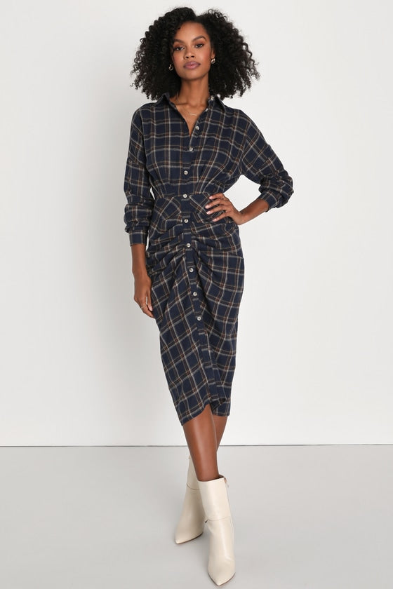 Seasonal Spirit Taupe Plaid Ruched Long Sleeve Midi Dress