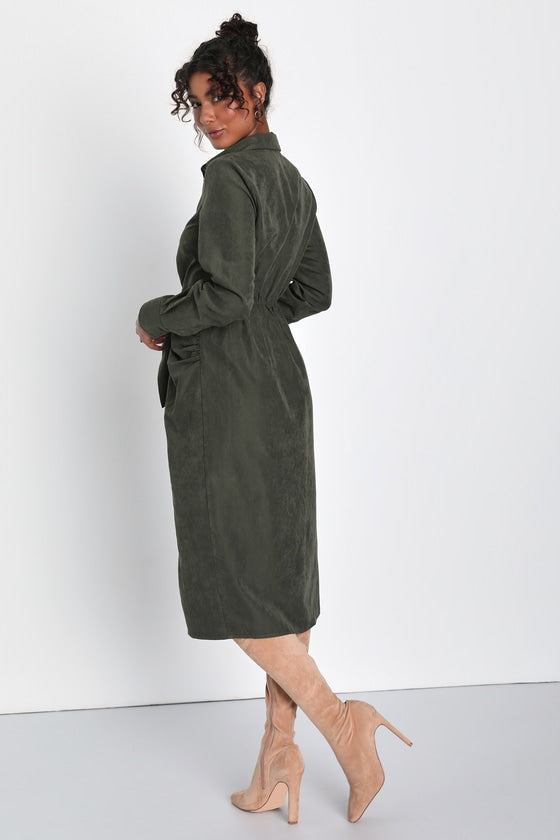 Autumnal Views Tan Suede Button-Up Tie-Front Midi Dress