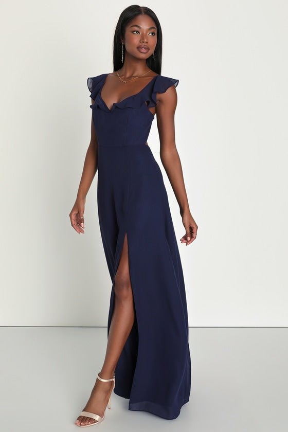 Sweetest Entrance Plum Purple Floral Ruffled Tie-Back Maxi Dress