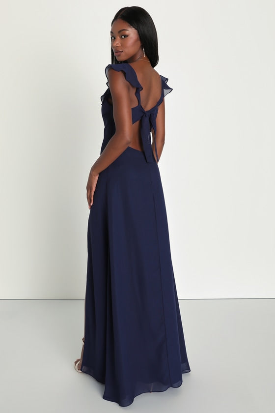Sweetest Entrance Plum Purple Floral Ruffled Tie-Back Maxi Dress