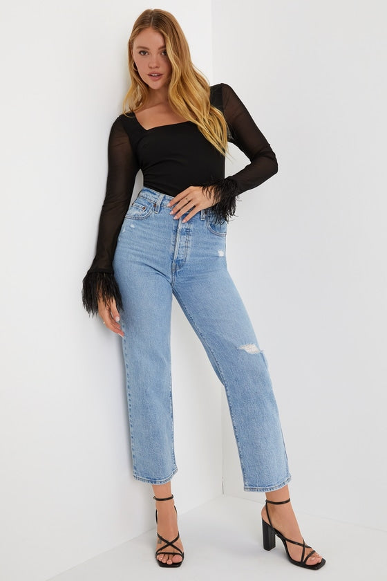 Effortlessly Luxe Red Feather Long Sleeve Bodysuit