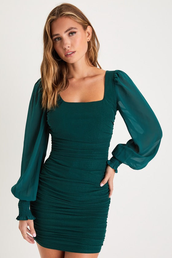 Perfect Sensation Black Mesh Ruched Puff Sleeve Mini Dress
