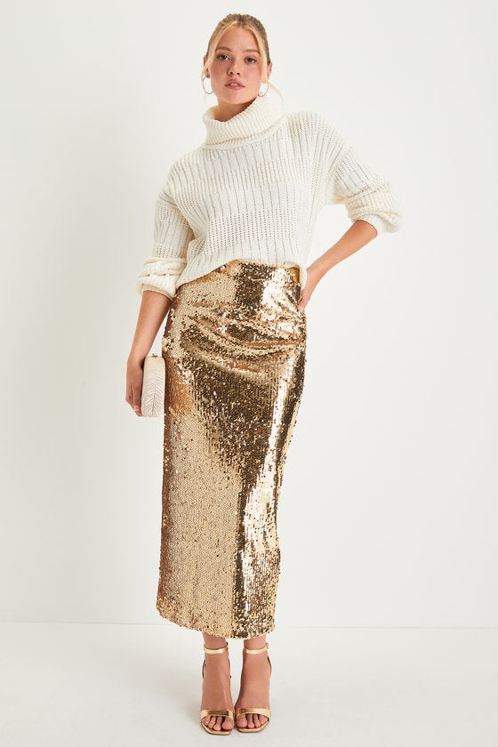 Dazzling Appearance Emerald Sequin High-Rise Midi Skirt