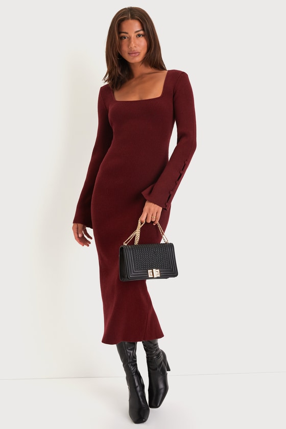 Classy Attitude Beige Ribbed Square Neck Midi Sweater Dress