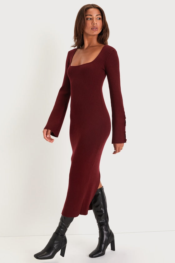 Classy Attitude Burgundy Ribbed Square Neck Midi Sweater Dress