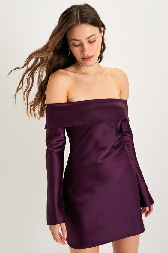 Luxurious Vision Olive Green Satin Off-the-Shoulder Mini Dress