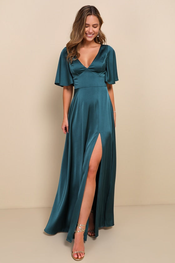 Elegant Confidence White Satin Flutter Sleeve Cutout Maxi Dress
