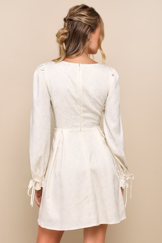 Elegant Adoration Cream Floral Jacquard Long Sleeve Mini Dress